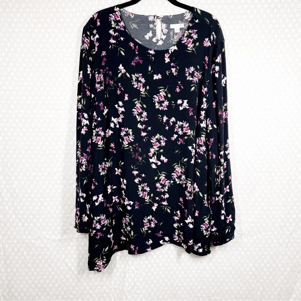 J. Jill Black Floral Rayon Long Sleeve Top